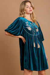 Umgee Embroidered Half Sleeve Velvet Mini Dress with Tassel OutfitFlow